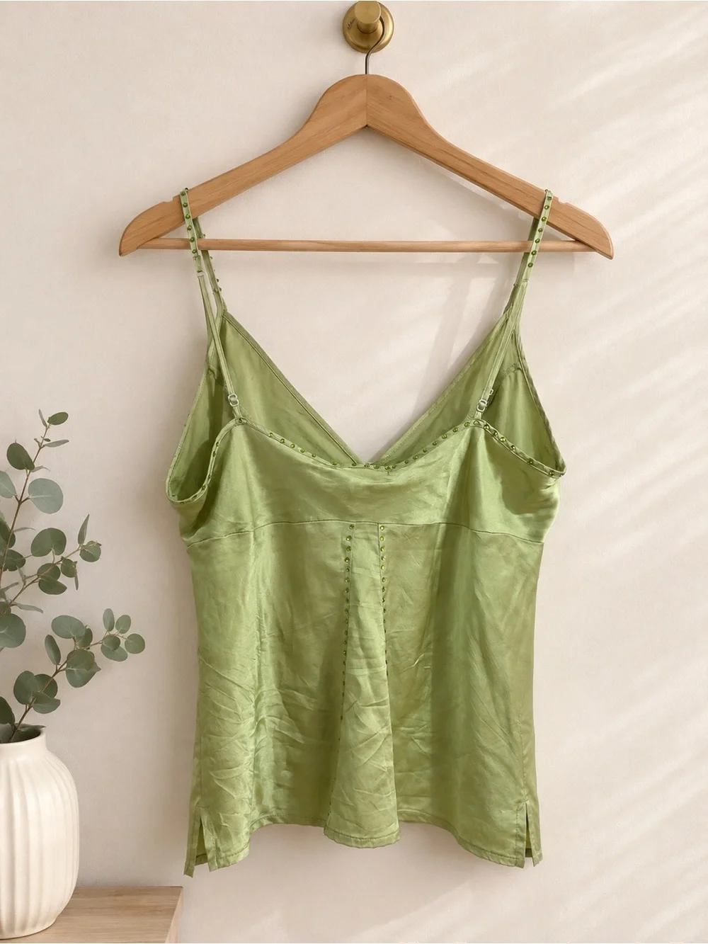 Vintage Gold Hawk Y2K Lime Green 100% Silk Beaded Cami Top - L_3